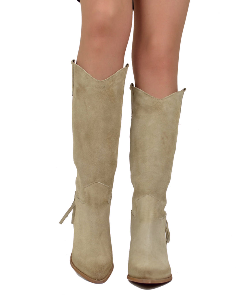 Fringed Western Cowboy Boots in Suede Leather Tan - 4