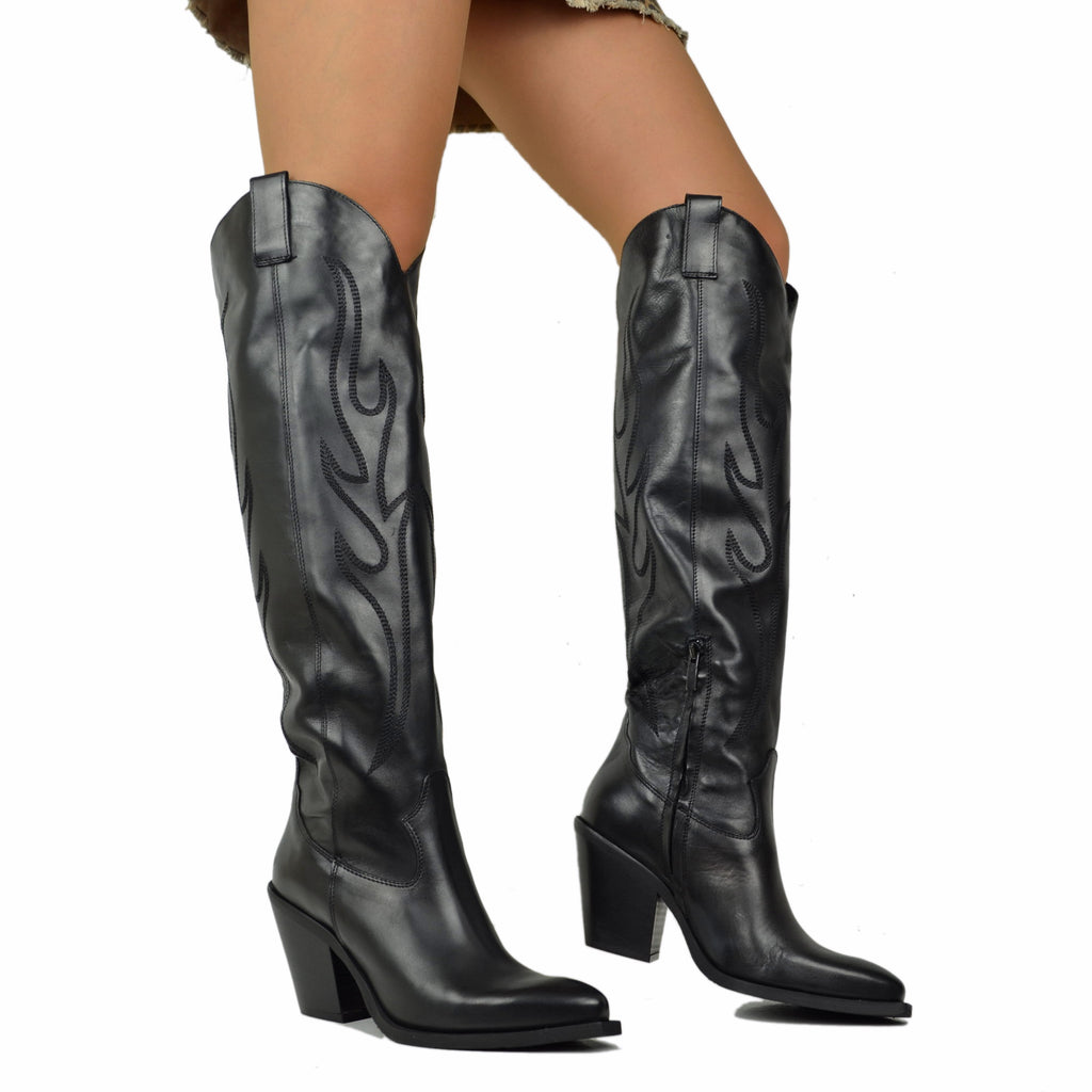 Black Knee High Texan Boots 9cm High Heel Leather - 4