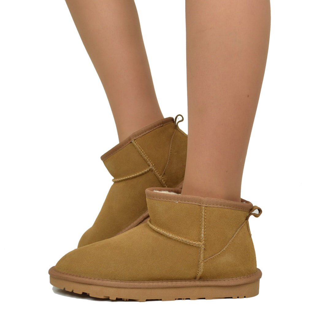 Ultra Mini Suede Fur Ankle Boots Padded in 100% Wool Camel