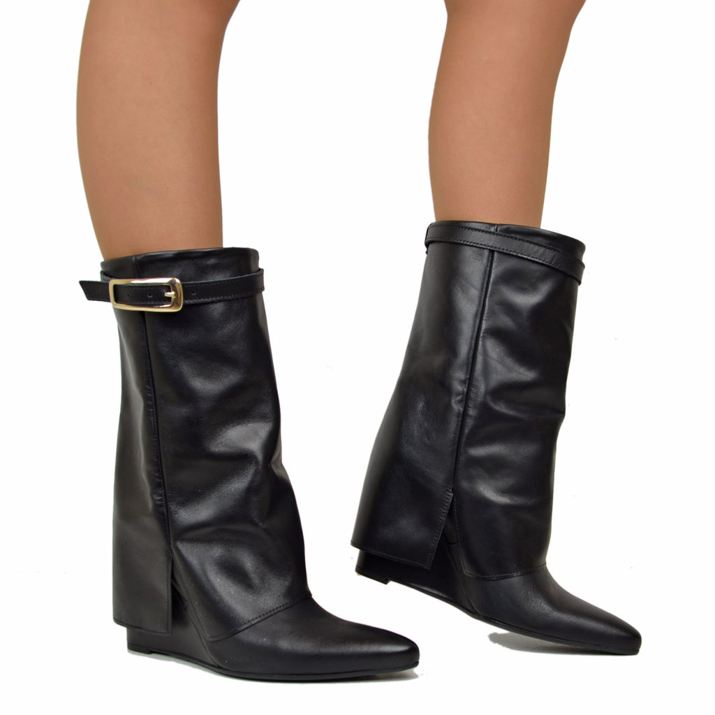 Ankle Boots with Gaiter and Golden Buckle 9cm High Wedge GENUINE LEATHER - 4