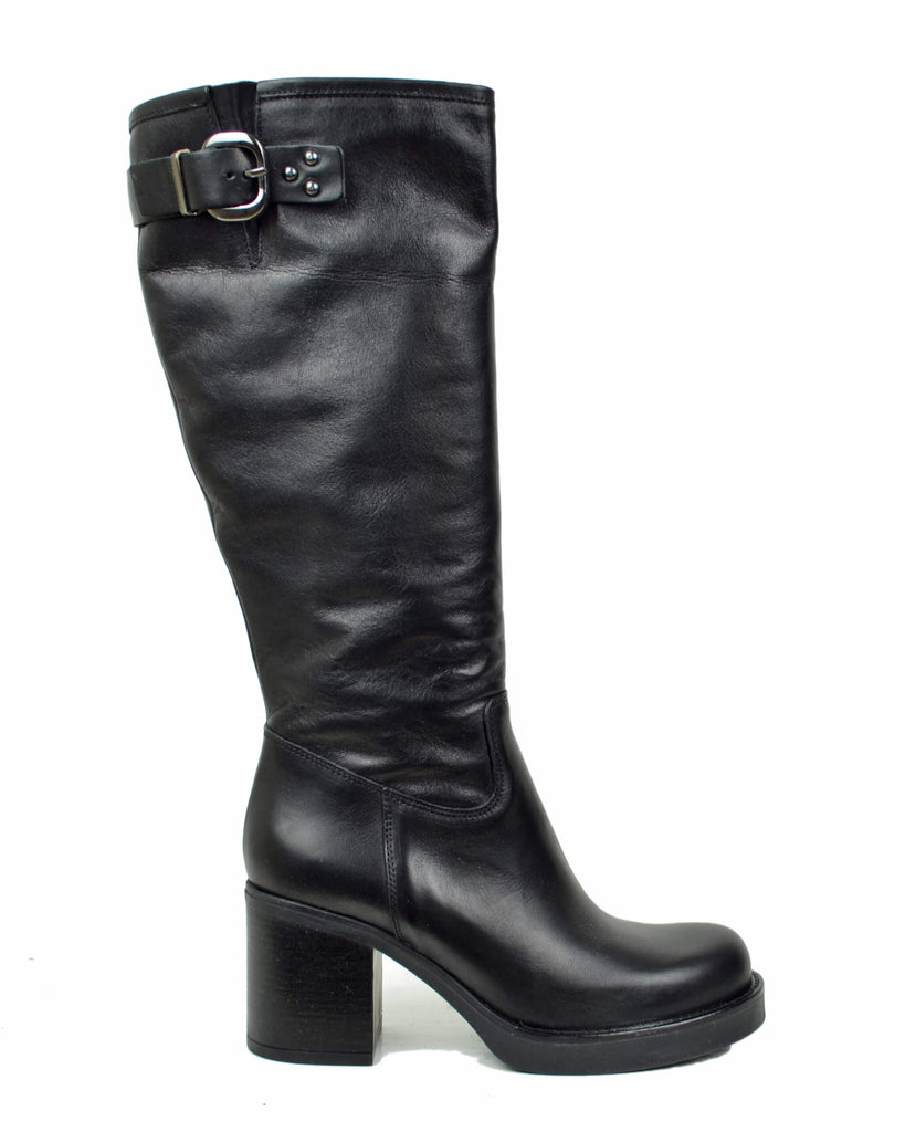Damen Stiefel Hoch Schwarz Leder mit Blockabsatz Plateau und Schnalle – Made in Italy - 6
