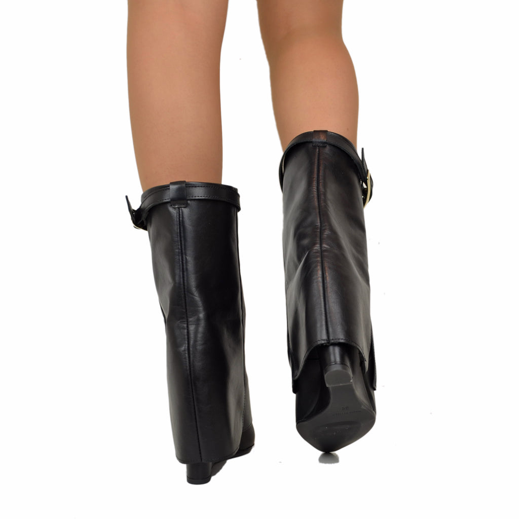 Ankle Boots with Gaiter and Golden Buckle 9cm High Wedge GENUINE LEATHER - 5