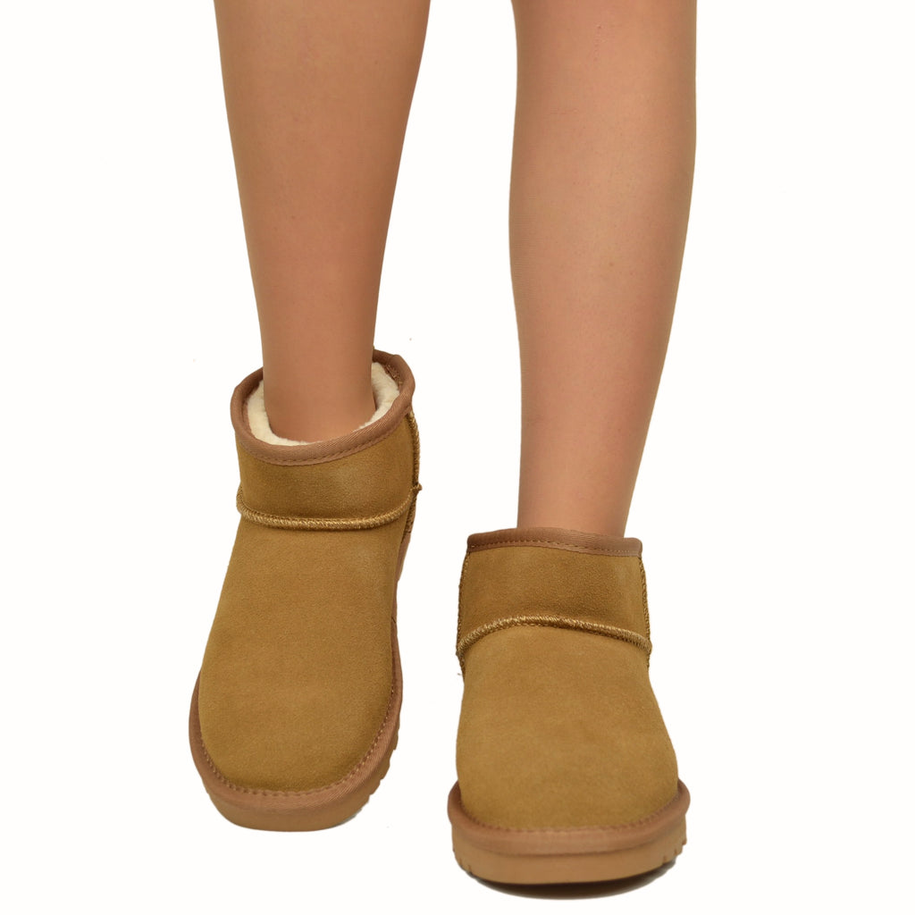 Ultra Mini Suede Fur Ankle Boots Padded in 100% Wool Camel - 3