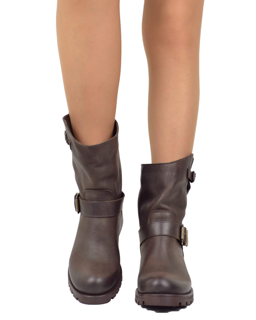 Stivali Donna Police Biker Boots in Pelle Ingrassata Marrone Scuro Made in Italy - 6
