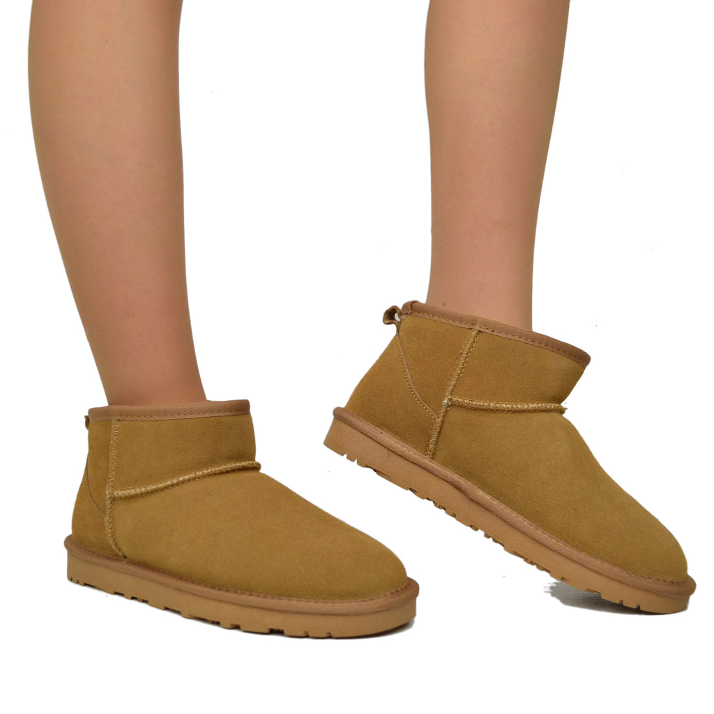 Ultra Mini Suede Fur Ankle Boots Padded in 100% Wool Camel - 4