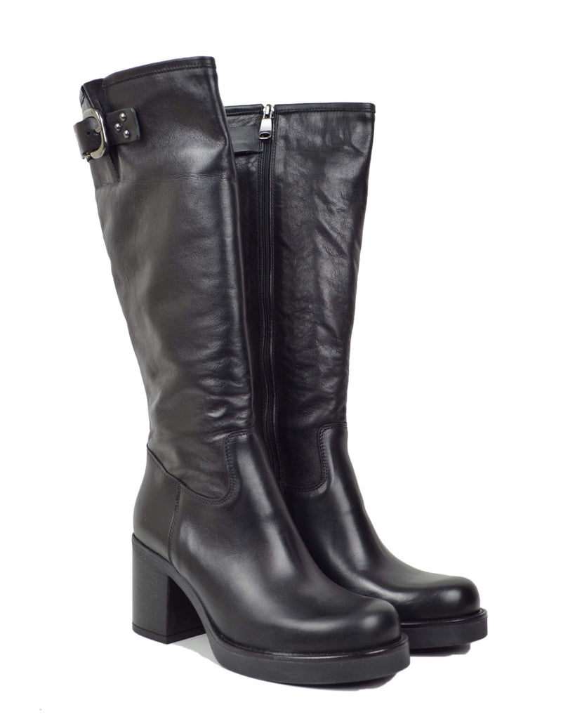 Damen Stiefel Hoch Schwarz Leder mit Blockabsatz Plateau und Schnalle – Made in Italy - 2