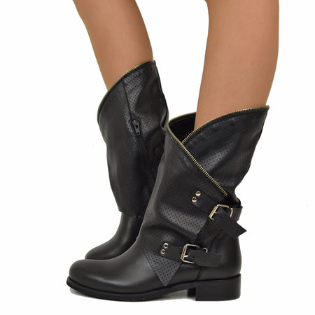 Stivali Neri Traforati Biker Boots Donna con Fibbie in Vera Pelle