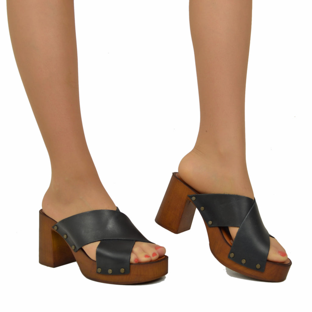 Women's Black Cross-Band Clogs in Oiled Leather with Soft Padded Sole - 4