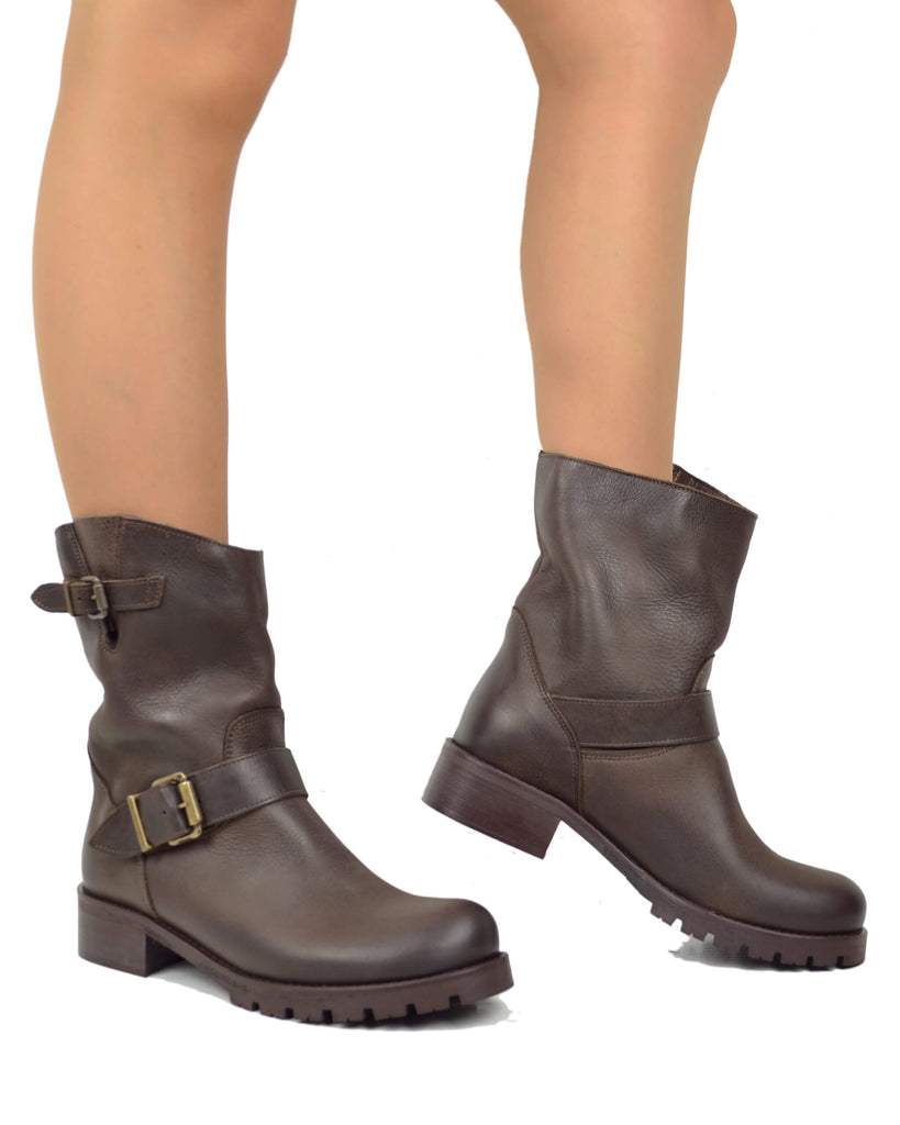 Stivali Donna Police Biker Boots in Pelle Ingrassata Marrone Scuro Made in Italy - 3