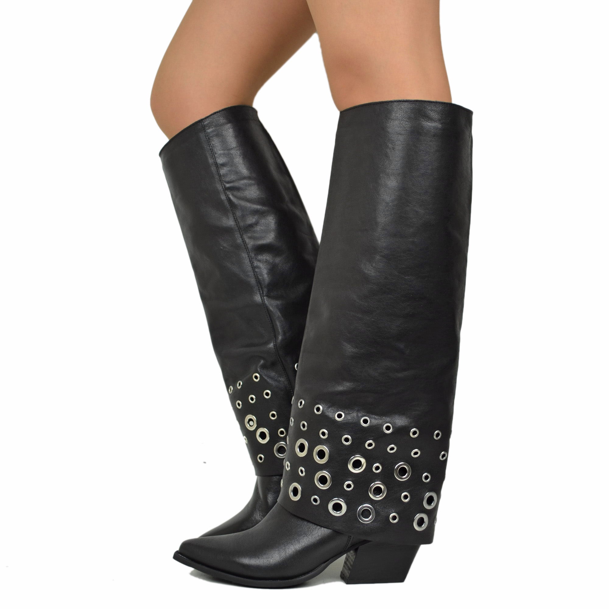 Boots with Gaiter and Silver Ring Studs, Rock Style, Genuine Black Leather