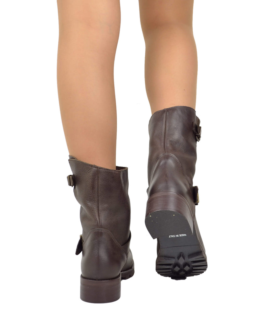 Stivali Donna Police Biker Boots in Pelle Ingrassata Marrone Scuro Made in Italy - 4