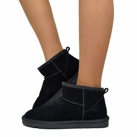 Stivaletti con Pelo Ultra Mini in Pelle Scamosciata Imbottiti in 100% Lana  Neri