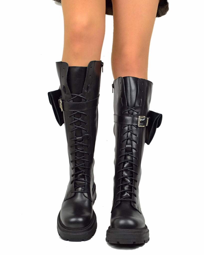 Bottes Biker Hautes Lacées en Cuir Véritable – Style Underground avec Pochette - 6