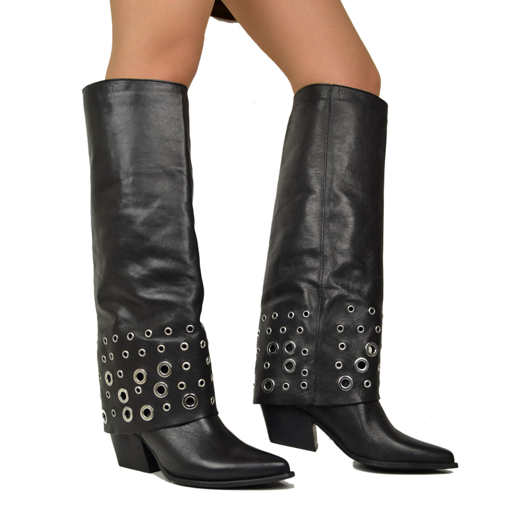 Boots with Gaiter and Silver Ring Studs, Rock Style, Genuine Black Leather - 4