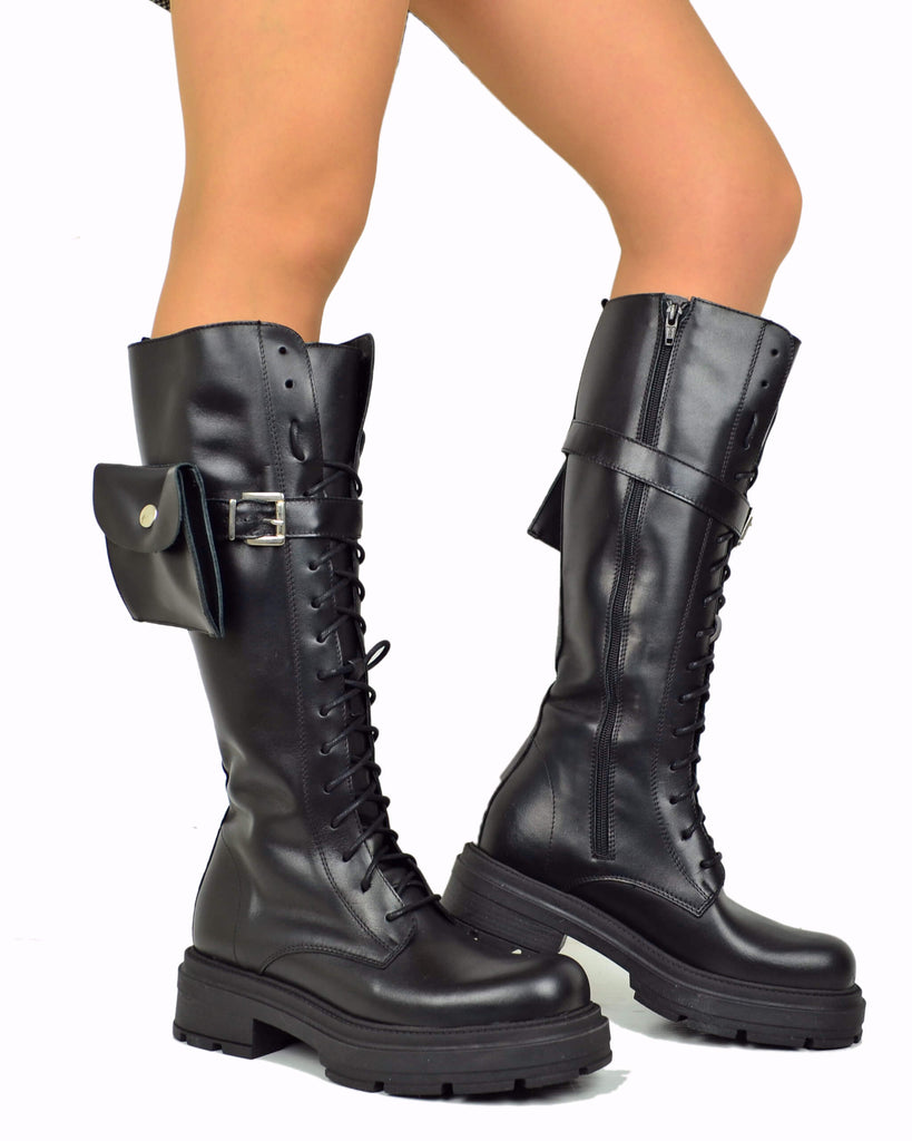 Bottes Biker Hautes Lacées en Cuir Véritable – Style Underground avec Pochette - 7