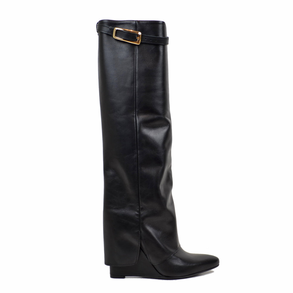 Boots with gaiter and golden buckle, 9 cm high wedge, REAL LEATHER - 2