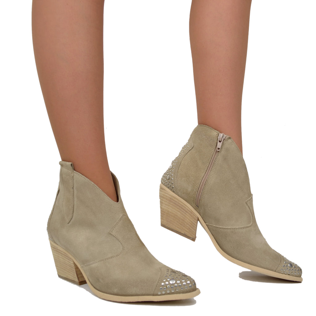 Damen-Texan-Stiefel mit Nieten aus beigem Wildleder - 5