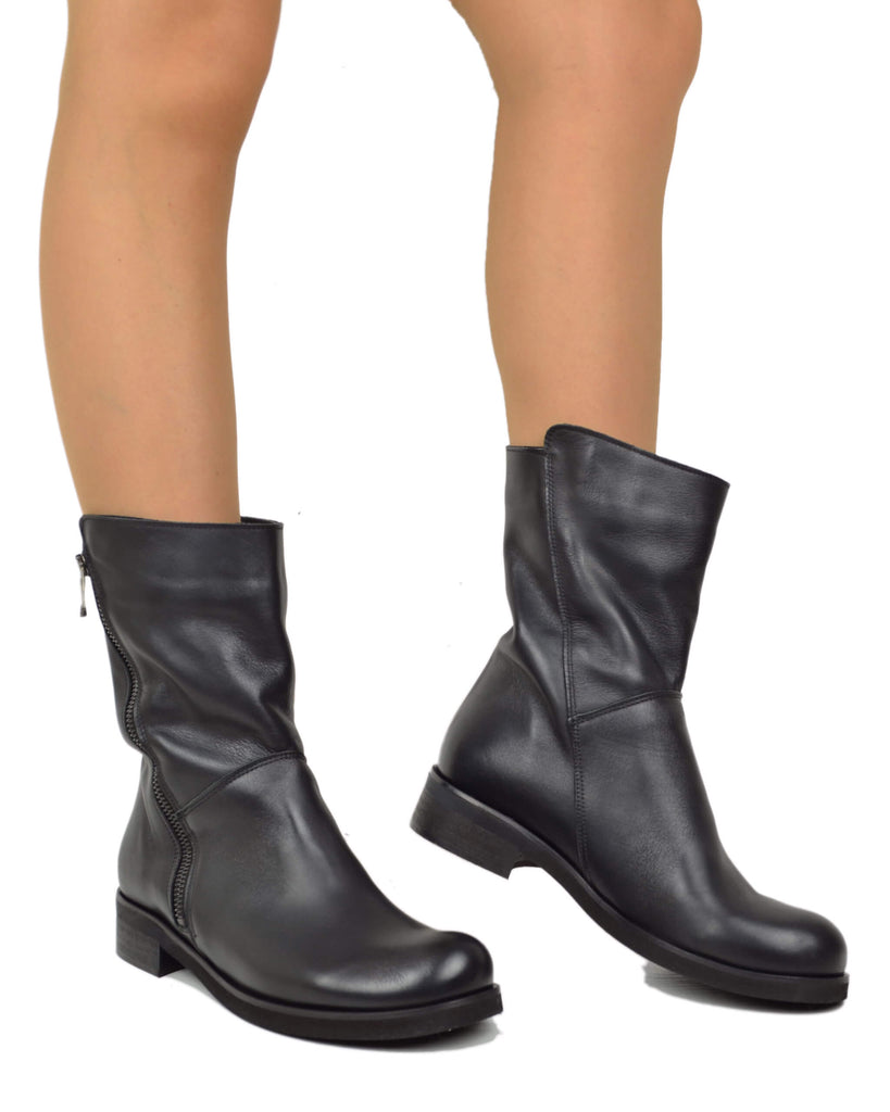 Stivali Biker Vera Pelle Vintage Naturale Sopra alla Caviglia Neri - 5