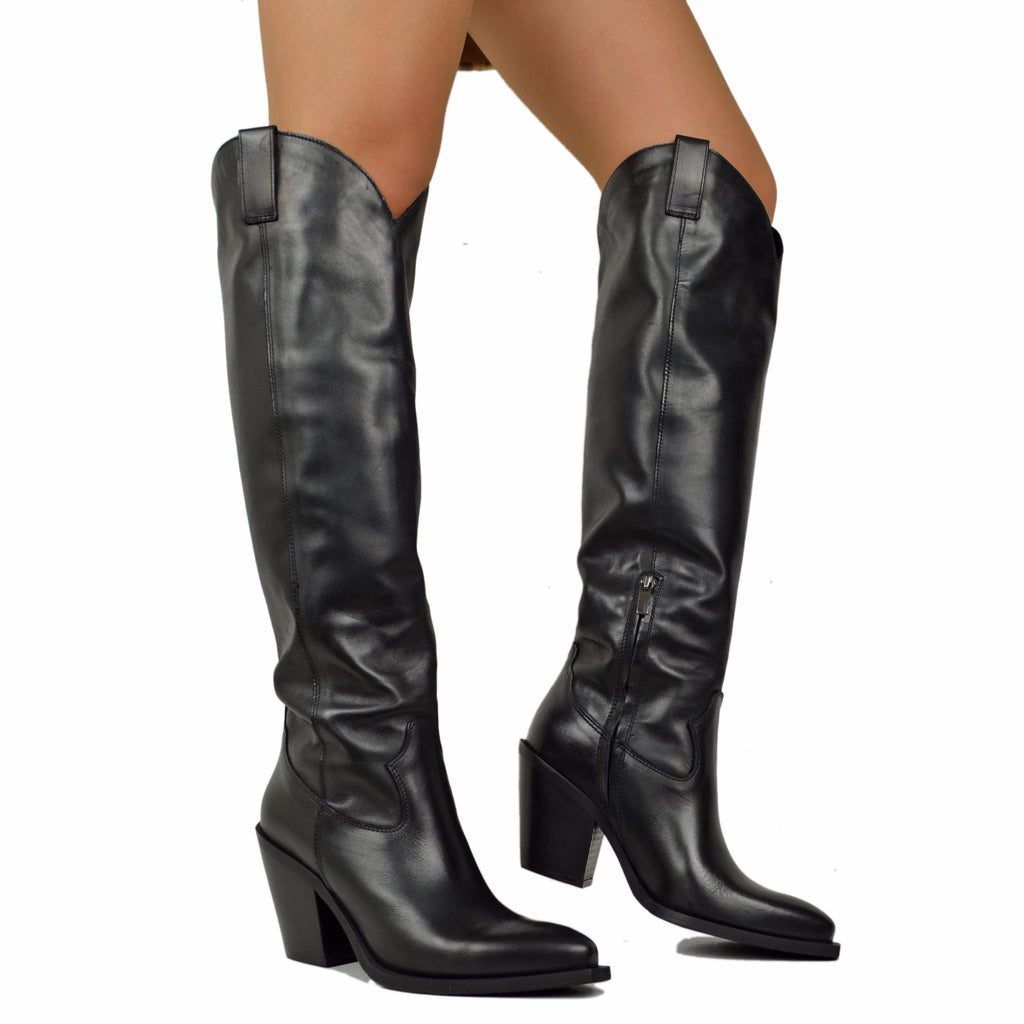 Women's Black Smooth Knee-High Texan Boots 9cm High Heel in Leather - 5