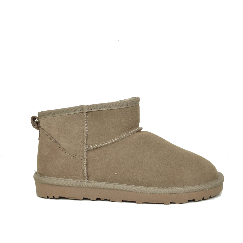 Ultra Mini Fur Ankle Boots in Suede Leather Padded in 100% Taupe Wool - 2