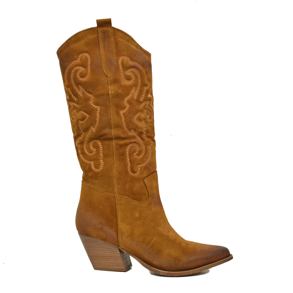 Taupe Texan Boots in Suede Leather Medium Heel - 3