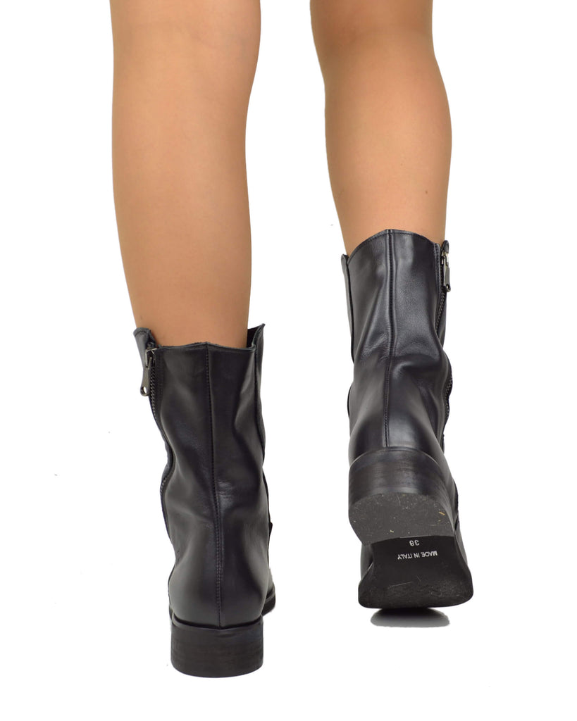 Stivali Biker Vera Pelle Vintage Naturale Sopra alla Caviglia Neri - 6