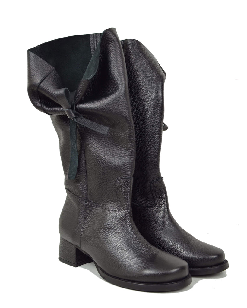 Damen Stiefeletten Wadenhoch Echtleder mit Seitlicher Schleife und Absatz – Made in Italy - 2