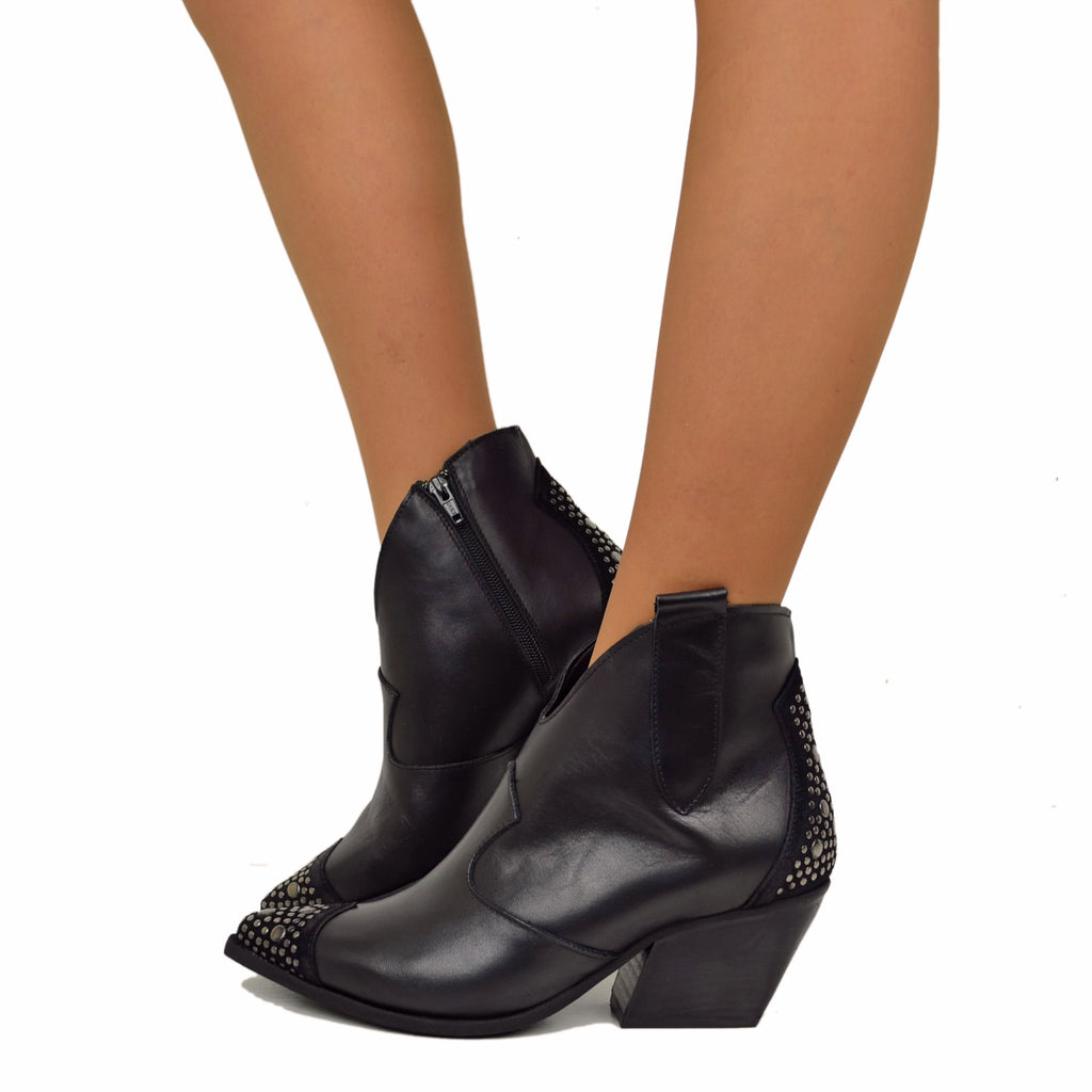Black Women's Texan Ankle Boots in Leather with Studs