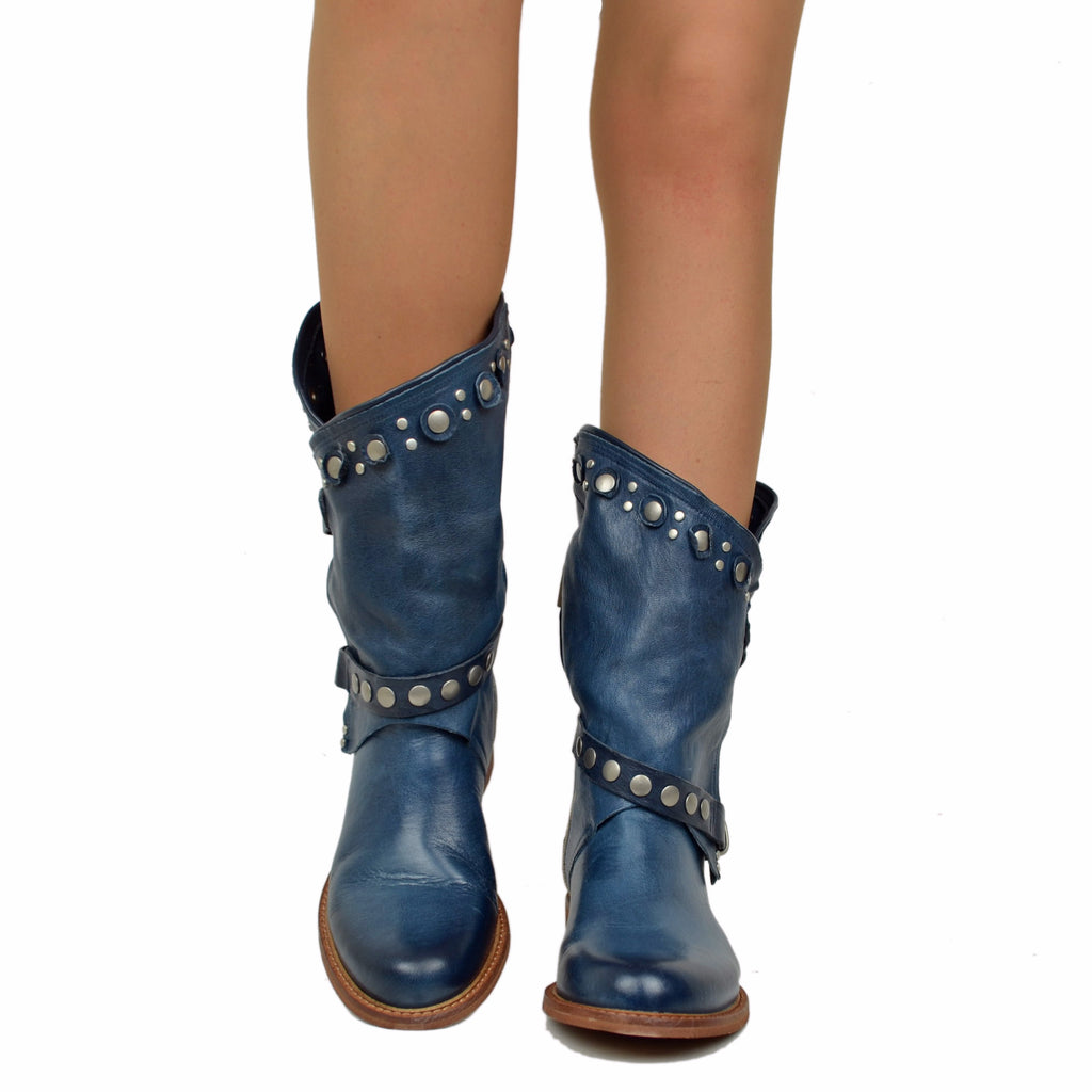Women's Summer Biker Jeans Boots in Leather with Studs and Zip - 4