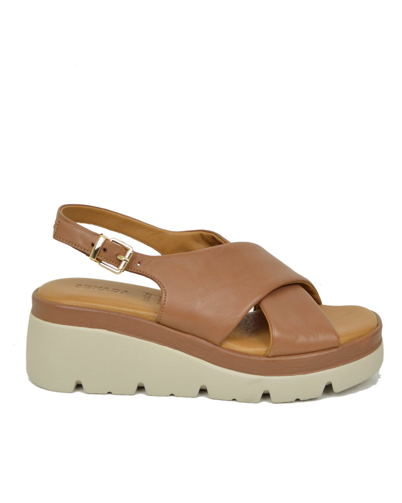 Women's Leather Sandals with Crossed Straps and Memory Foam Sole High Wedge - 2