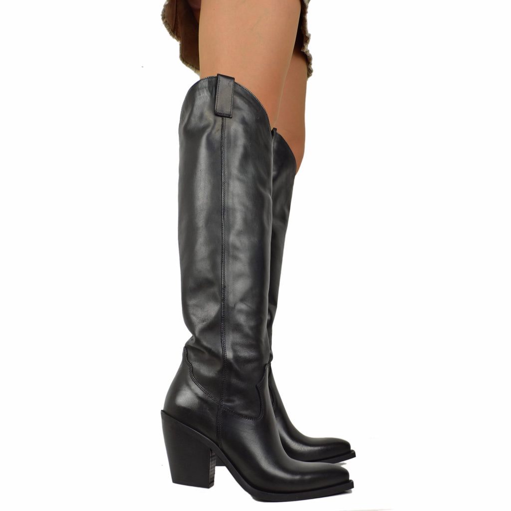 Women's Black Smooth Knee-High Texan Boots 9cm High Heel in Leather - 3