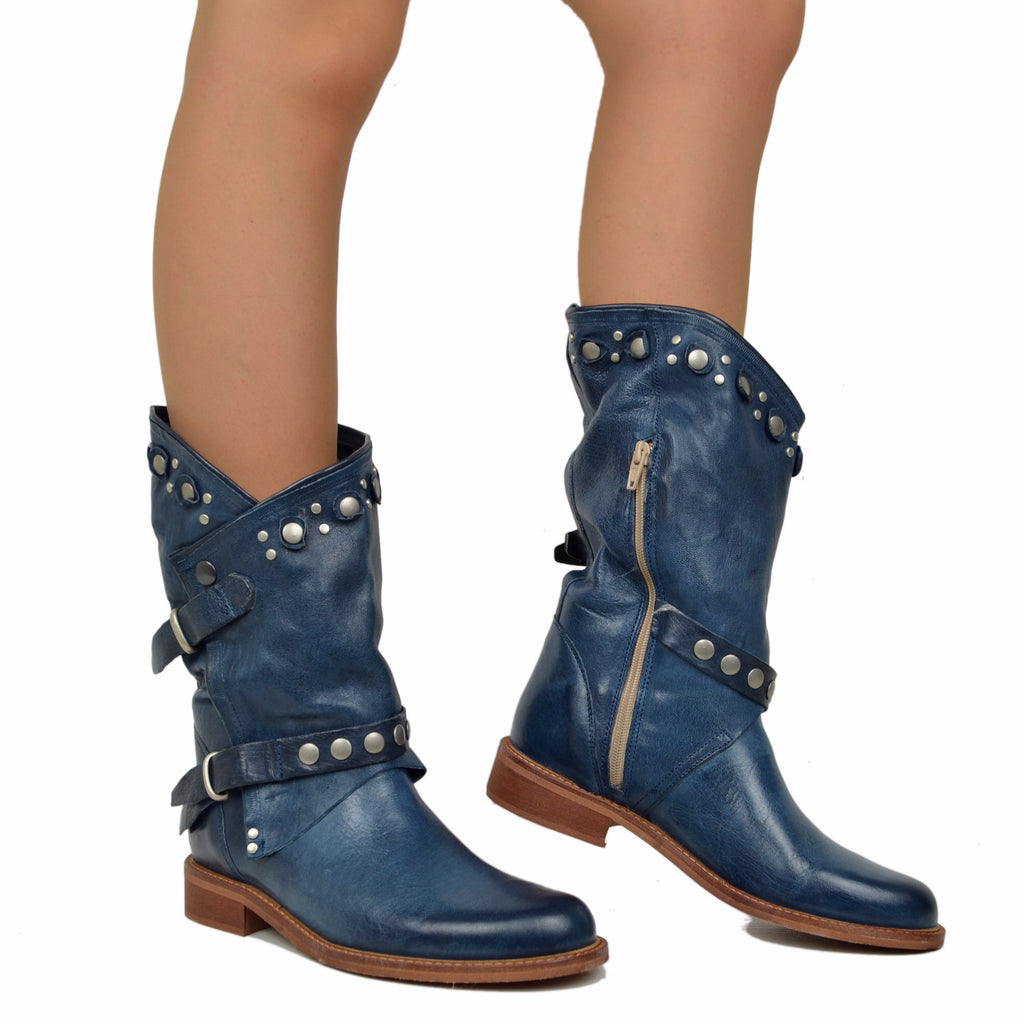 Women's Summer Biker Jeans Boots in Leather with Studs and Zip - 6