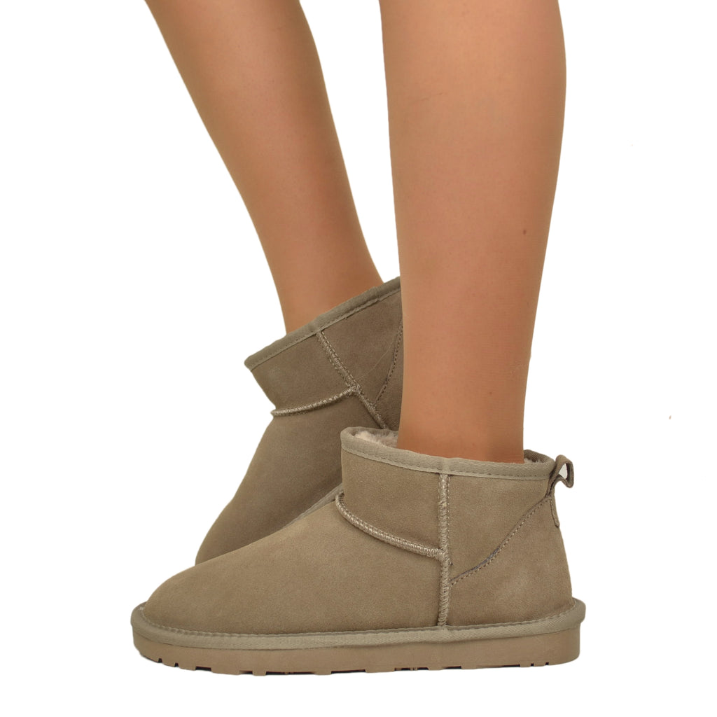 Ultra Mini Fur Ankle Boots in Suede Leather Padded in 100% Taupe Wool