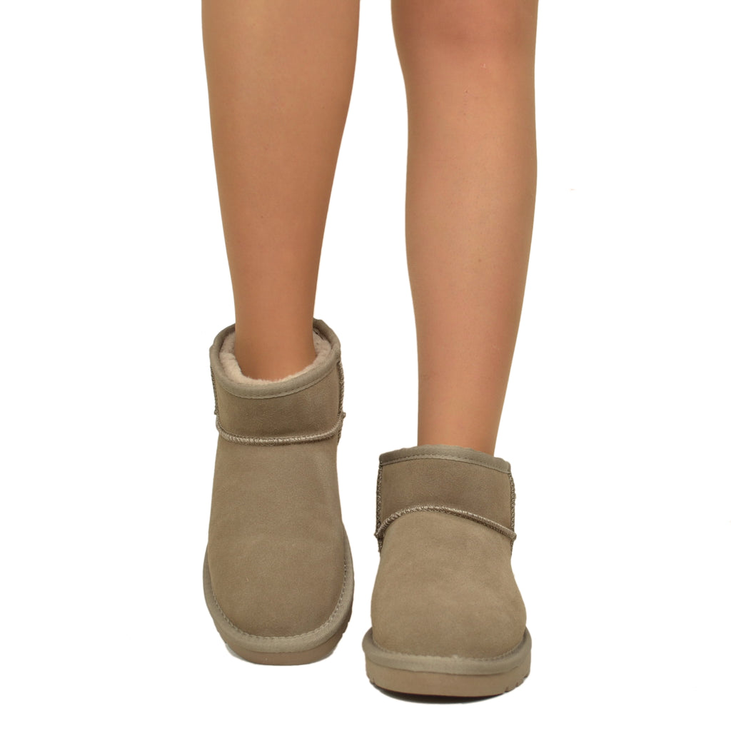 Stivaletti con Pelo Ultra Mini in Pelle Scamosciata Imbottiti in 100% Lana Taupe - 3