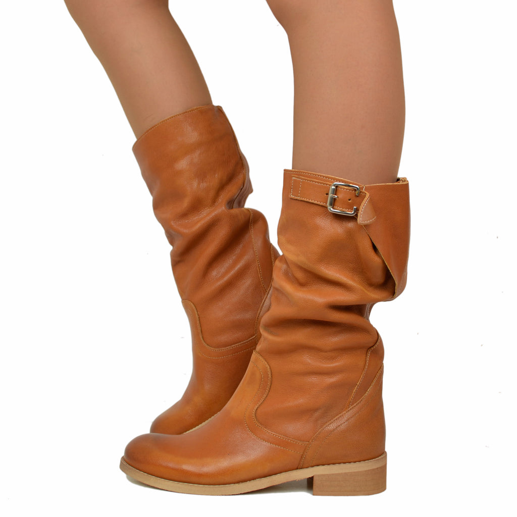 Mid-Calf Biker Boots with Buckle in Vintage Tan Leather