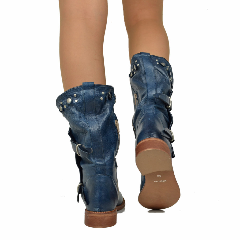 Women's Summer Biker Jeans Boots in Leather with Studs and Zip - 3
