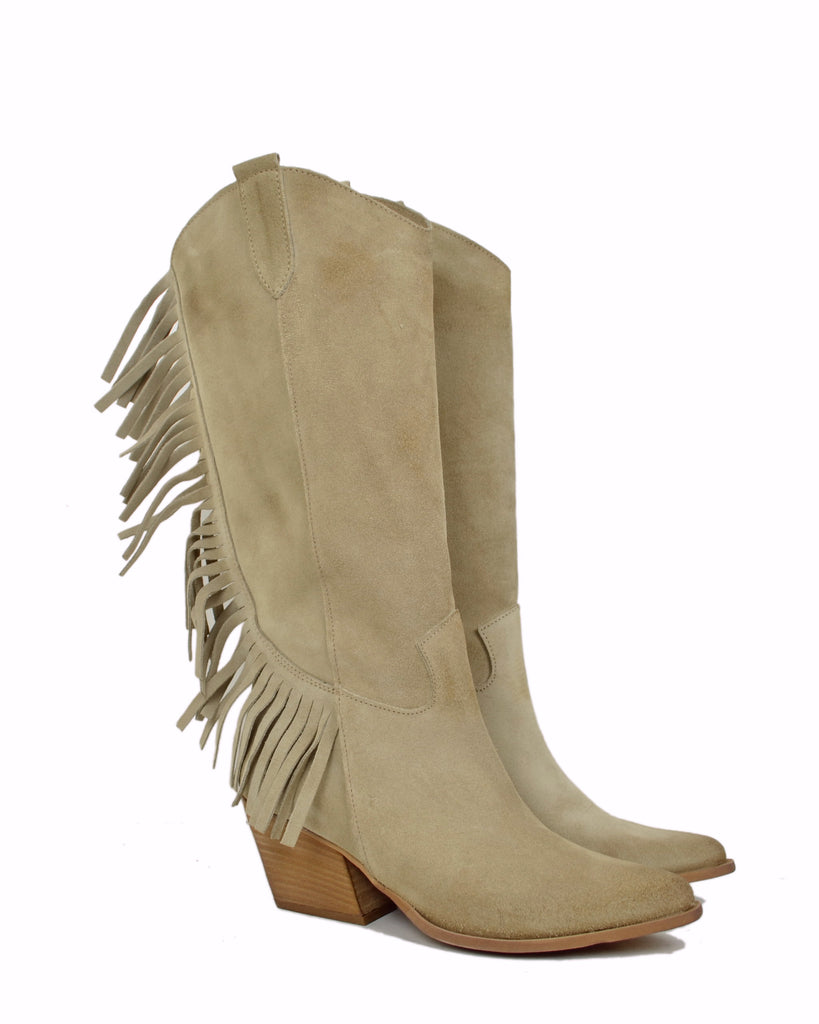 Fringed Western Cowboy Boots in Suede Leather Tan - 2