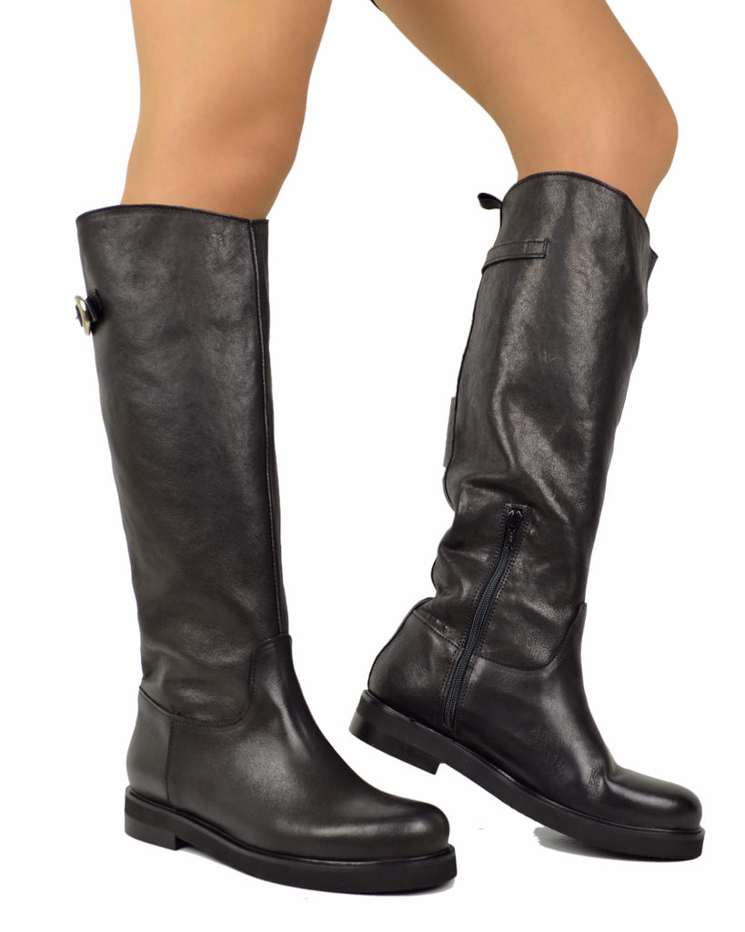 Stivali Cavallerizza Donna in Pelle Nera Eleganti con Zip e Fibbia - 4