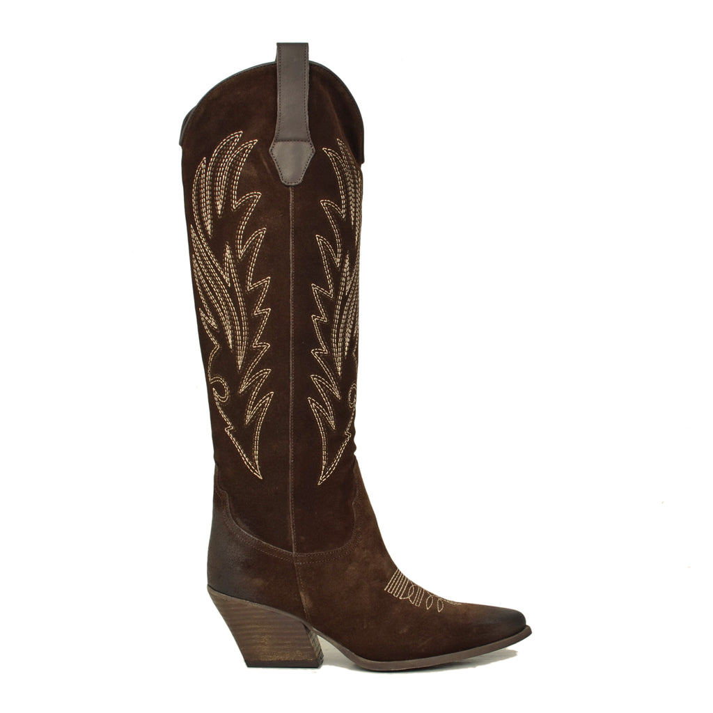Dark Brown Knee High Texan Boots in Suede with Stitching - 2