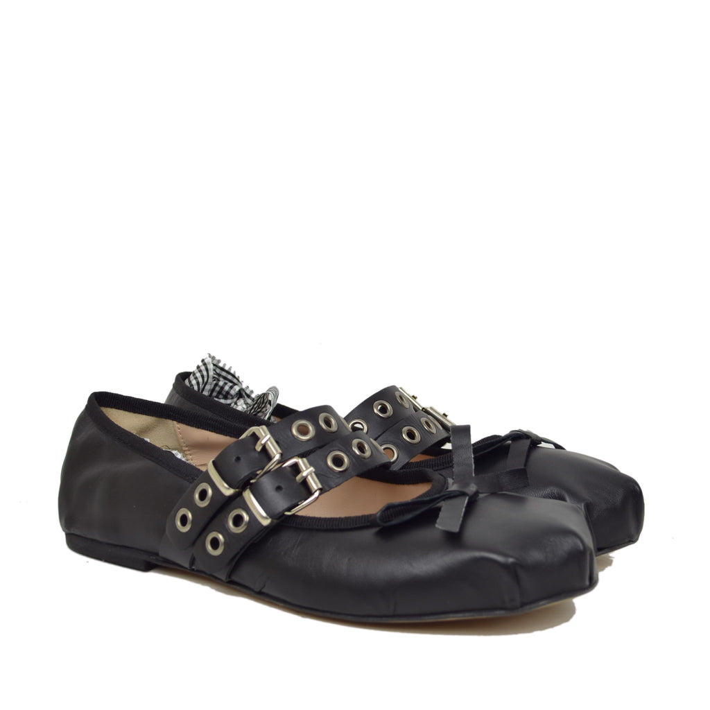 Black Schiava ballerinas in Nappa leather with two-tone laces and square toe - 7