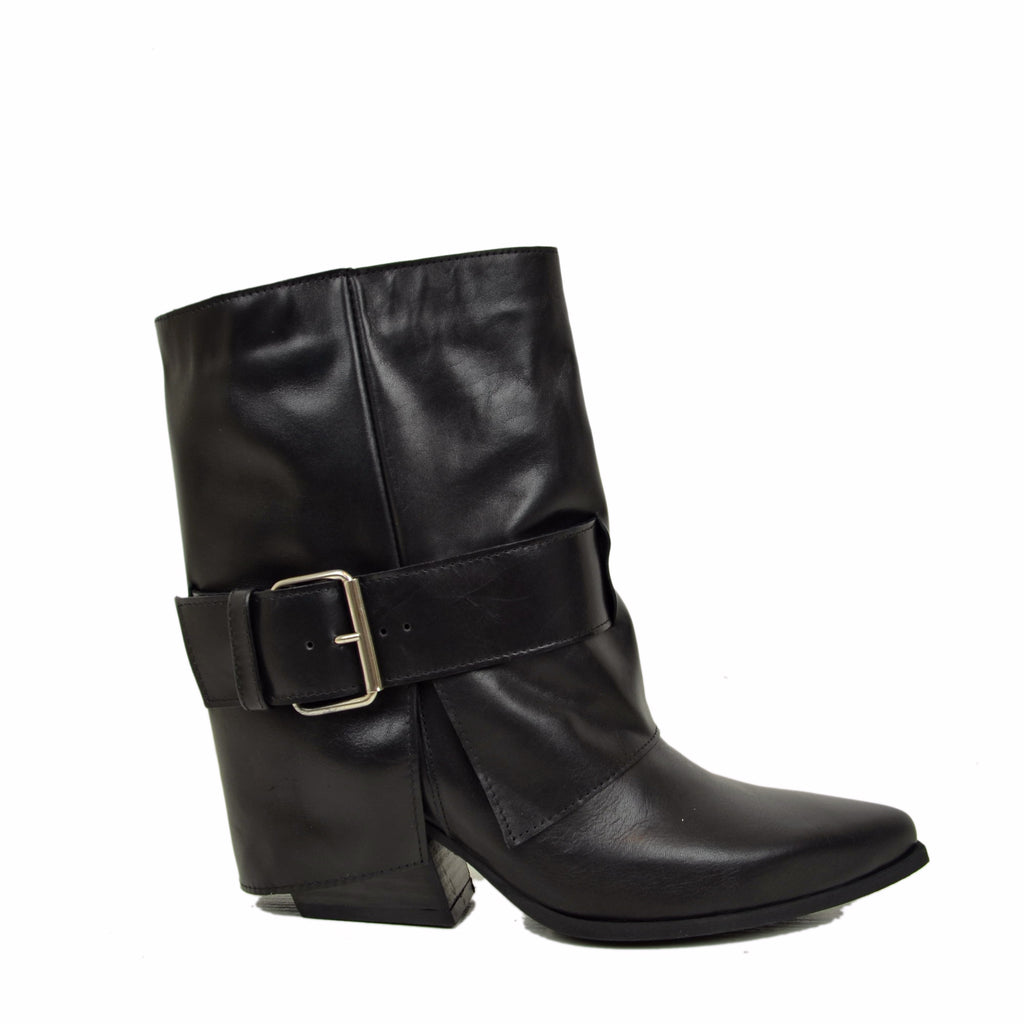 Schwarze Texan-Stiefel mit Damen-Gamasche aus Leder mit Schnalle - 2