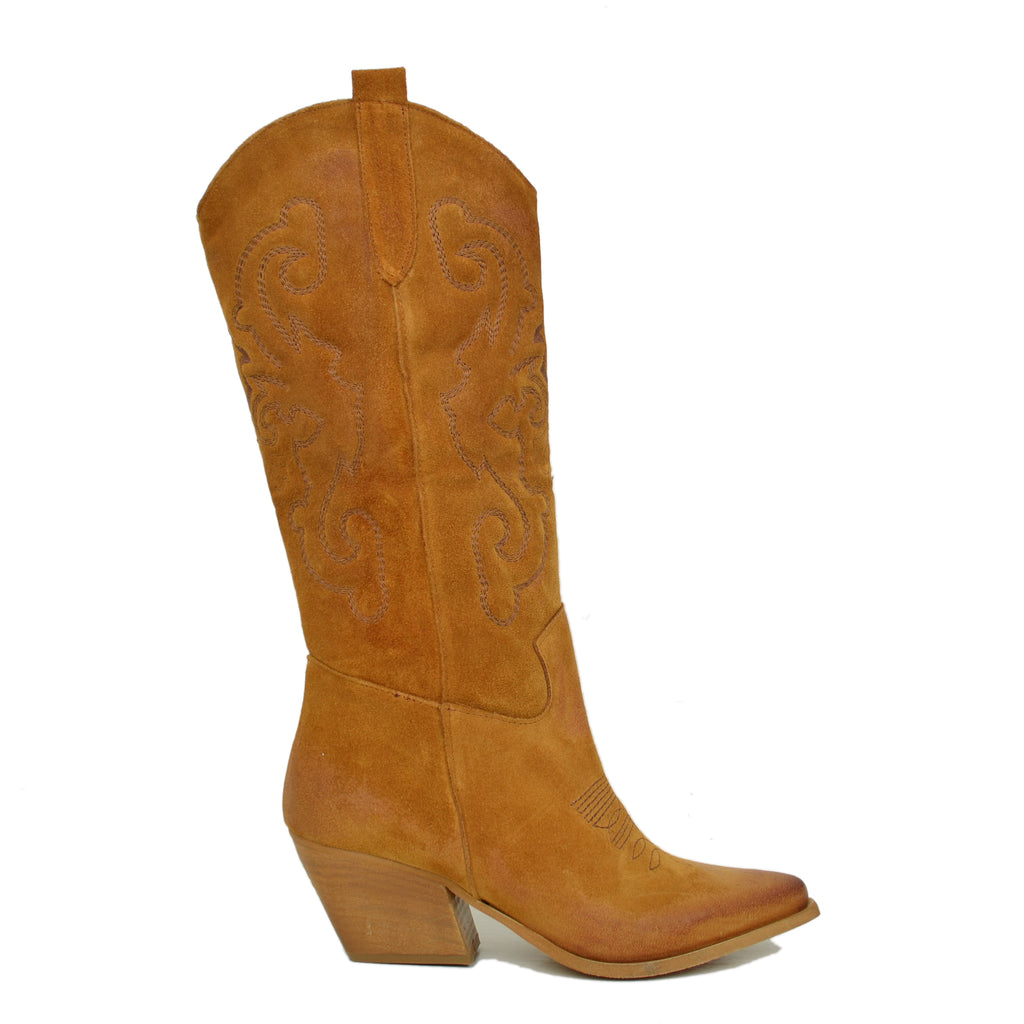 Leather Texan Boots in Suede with Stitching - 2