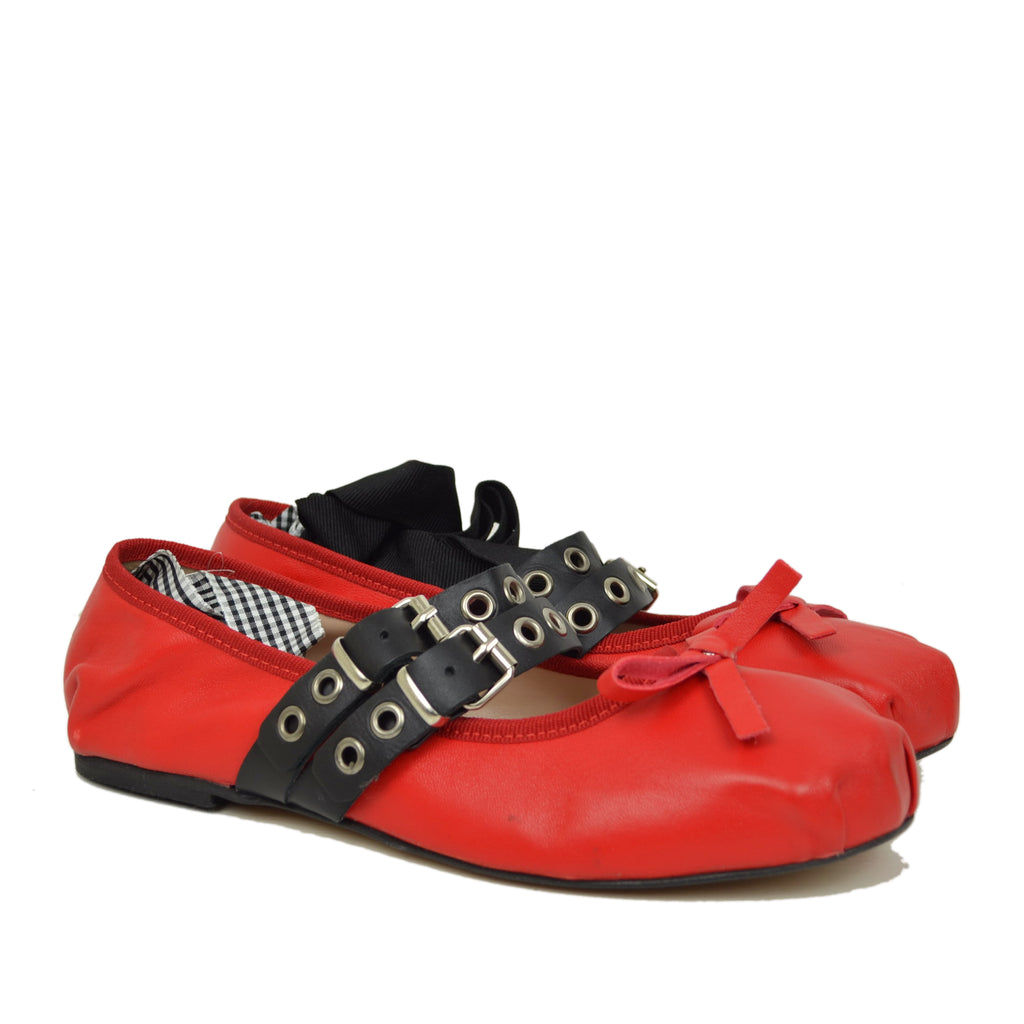 Red Schiava ballerinas in Nappa leather with two-tone laces and square toe - 5
