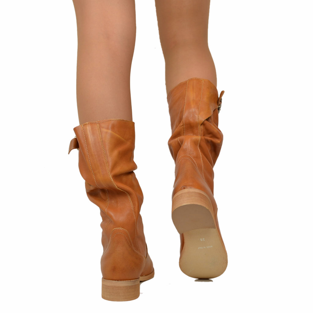 Mid-Calf Biker Boots with Buckle in Vintage Tan Leather - 5