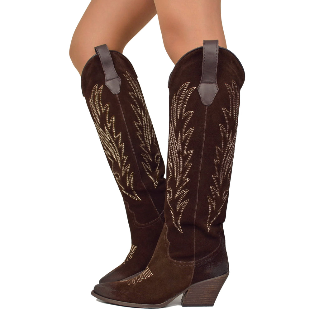 Dark Brown Knee High Texan Boots in Suede with Stitching