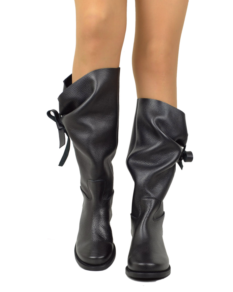 Damen Stiefeletten Wadenhoch Echtleder mit Seitlicher Schleife und Absatz – Made in Italy - 5