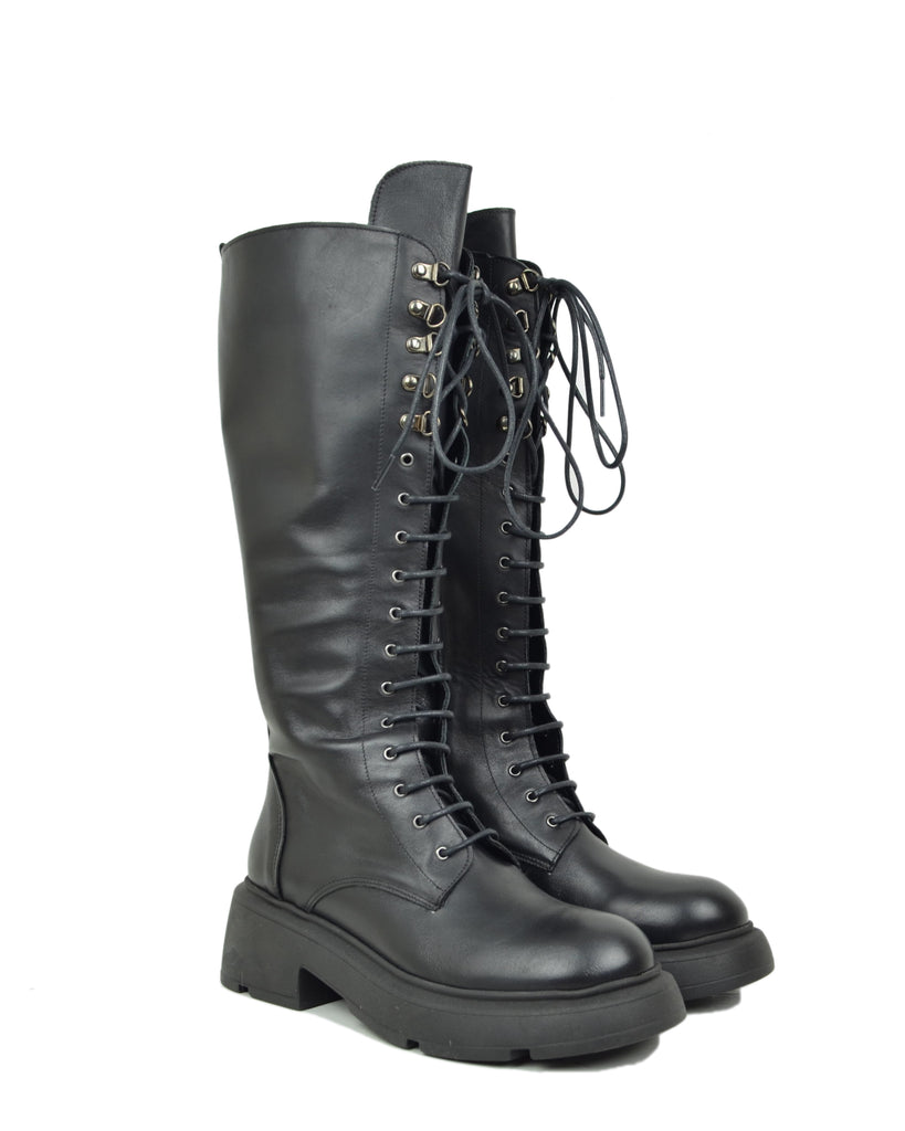 Stivali Anfibi Stringati Alti 18 Occhielli Vera Pelle Fondo Platform Pianta Larga - 2