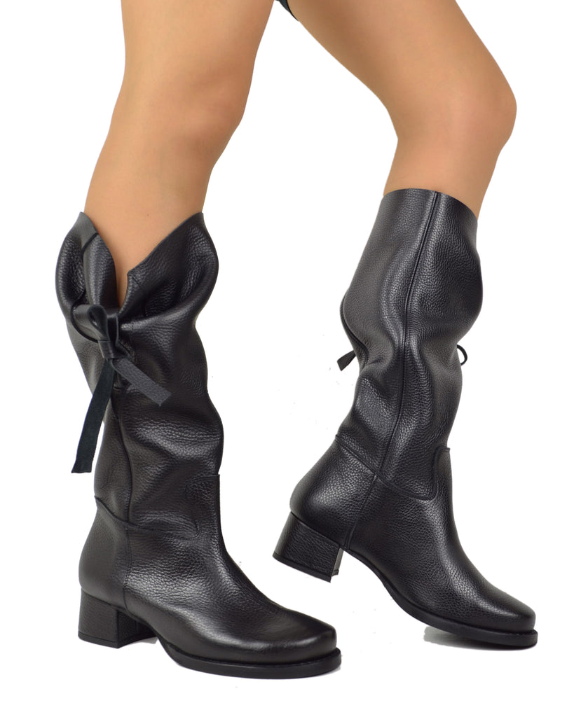 Damen Stiefeletten Wadenhoch Echtleder mit Seitlicher Schleife und Absatz – Made in Italy - 6
