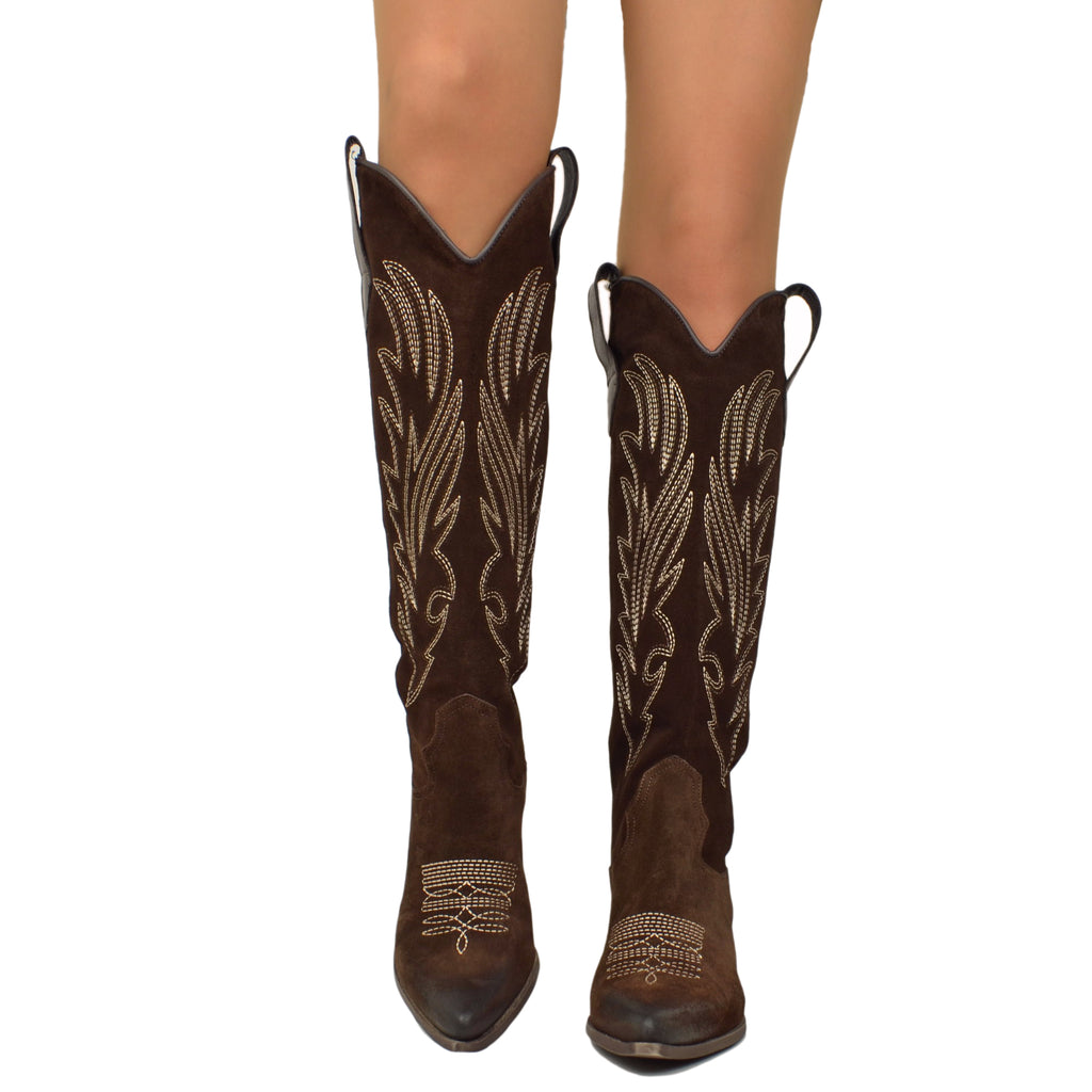Dark Brown Knee High Texan Boots in Suede with Stitching - 3