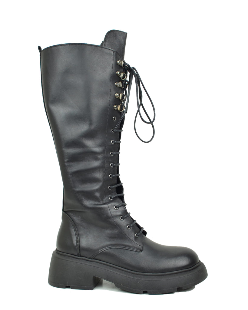 Stivali Anfibi Stringati Alti 18 Occhielli Vera Pelle Fondo Platform Pianta Larga - 4